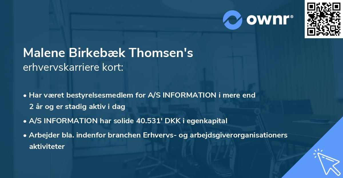 Malene Birkebæk Thomsen's erhvervskarriere kort