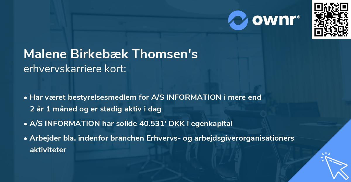 Malene Birkebæk Thomsen's erhvervskarriere kort