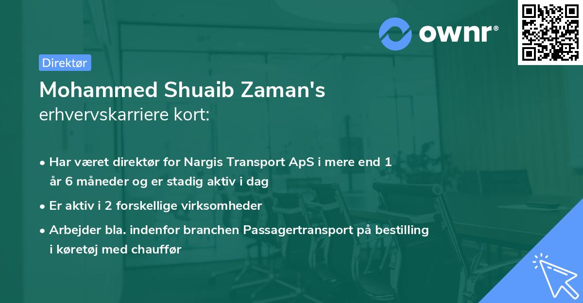 Mohammed Shuaib Zaman's erhvervskarriere kort