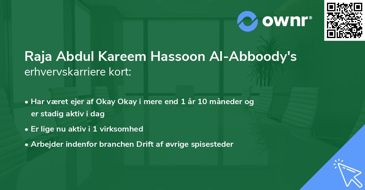 Raja Abdul Kareem Hassoon Al-Abboody's erhvervskarriere kort