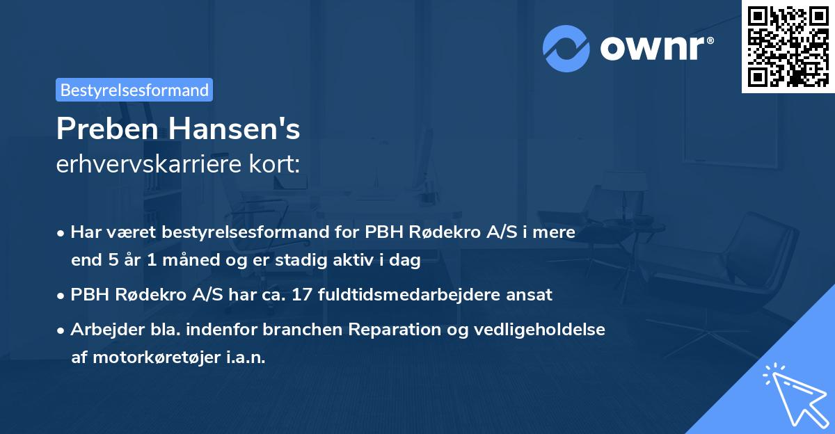 Preben Hansen's erhvervskarriere kort