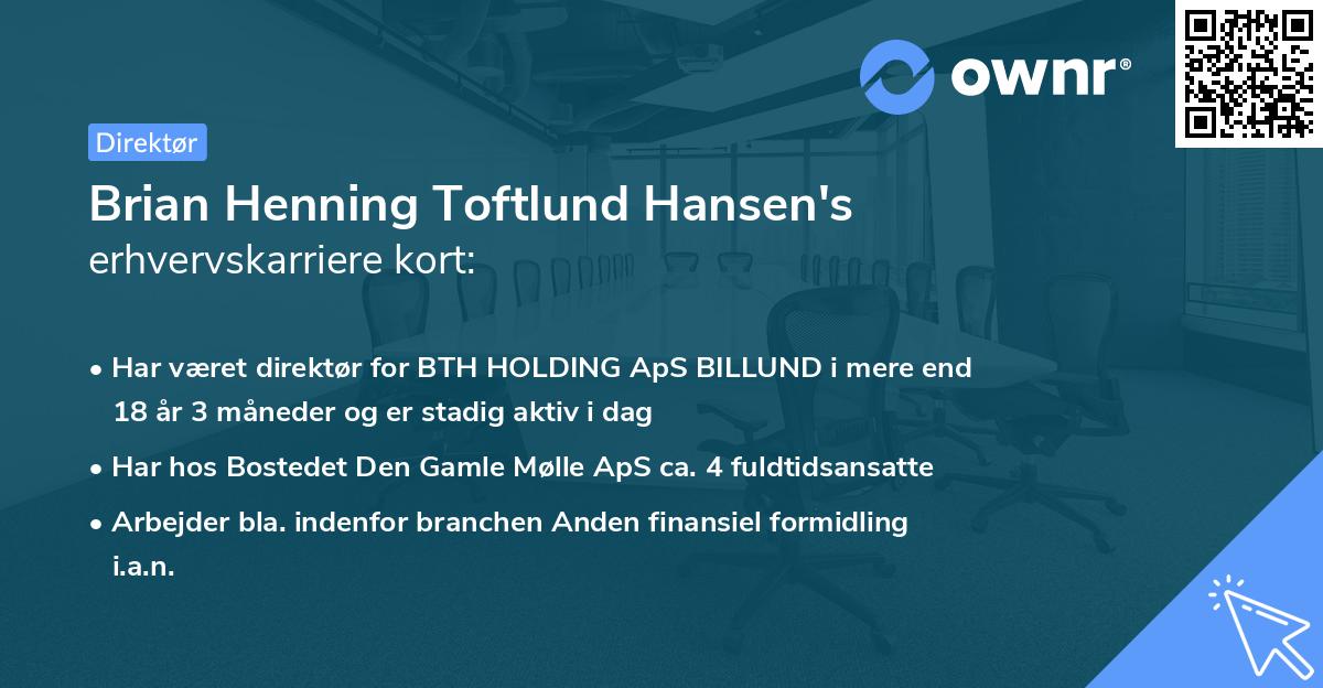 Brian Henning Toftlund Hansen's erhvervskarriere kort
