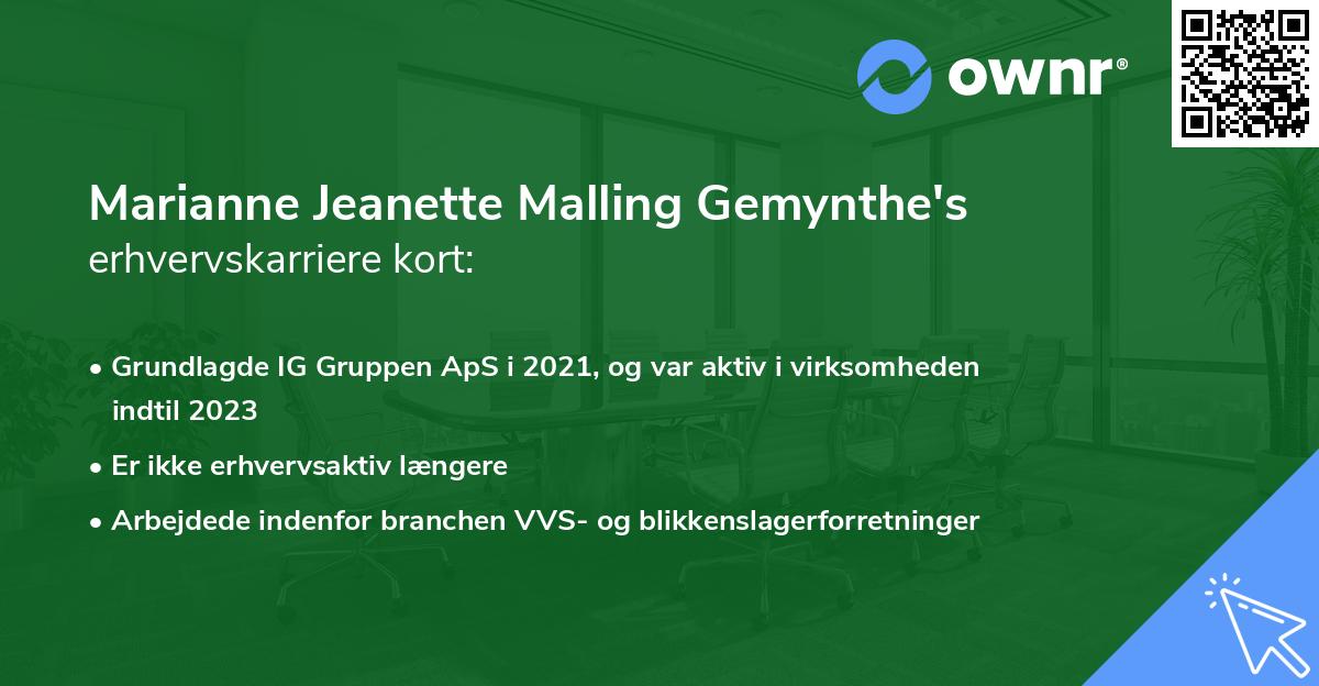 Marianne Jeanette Malling Gemynthe's erhvervskarriere kort