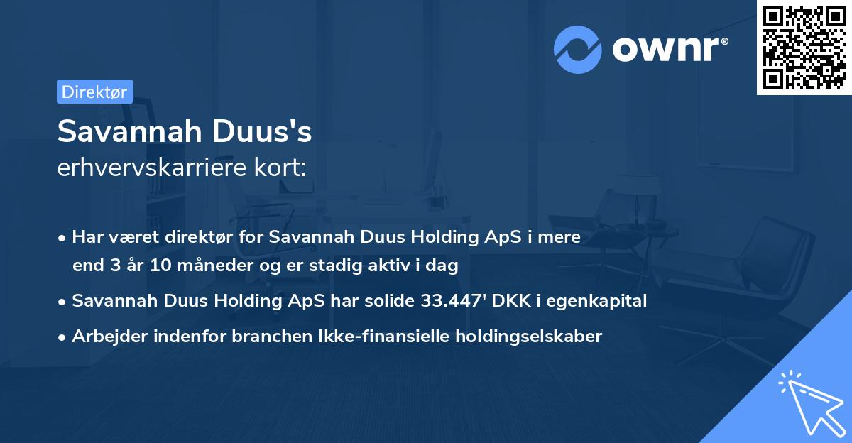 Savannah Duus's erhvervskarriere kort