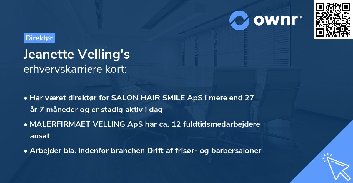 Jeanette Velling's erhvervskarriere kort