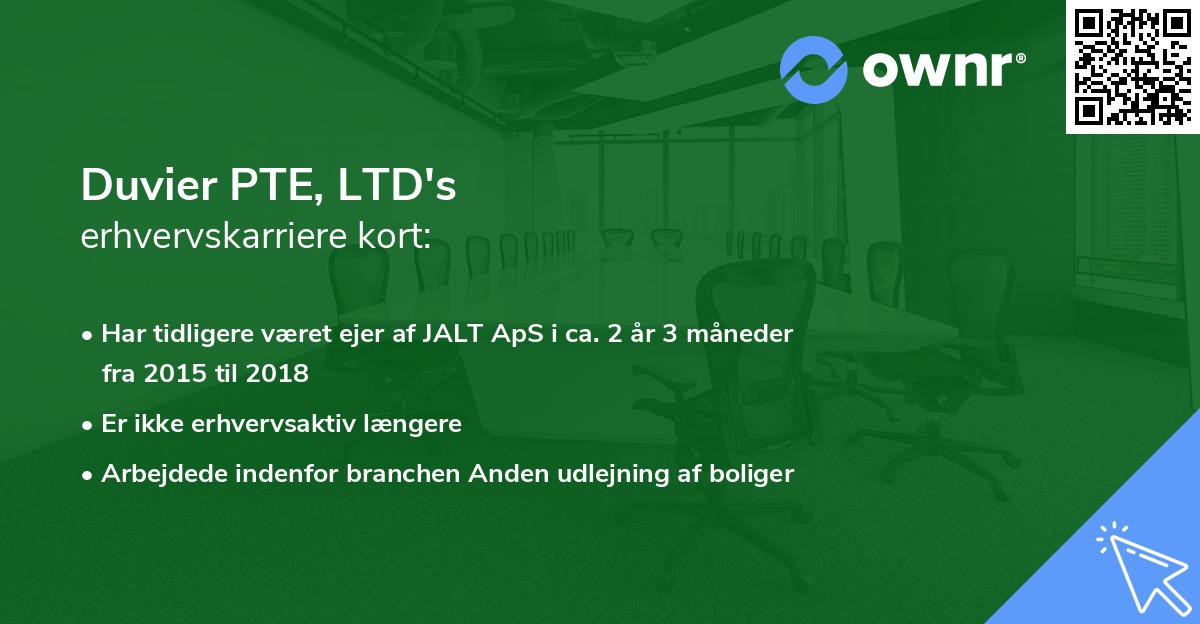 Duvier PTE, LTD's erhvervskarriere kort