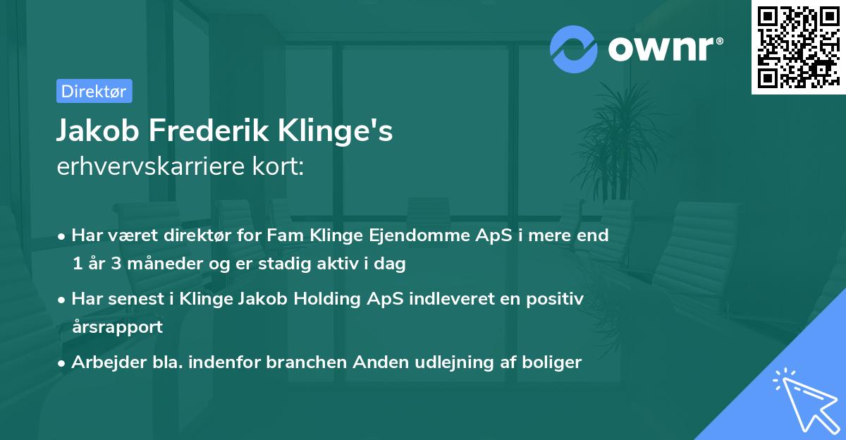 Jakob Frederik Klinge's erhvervskarriere kort