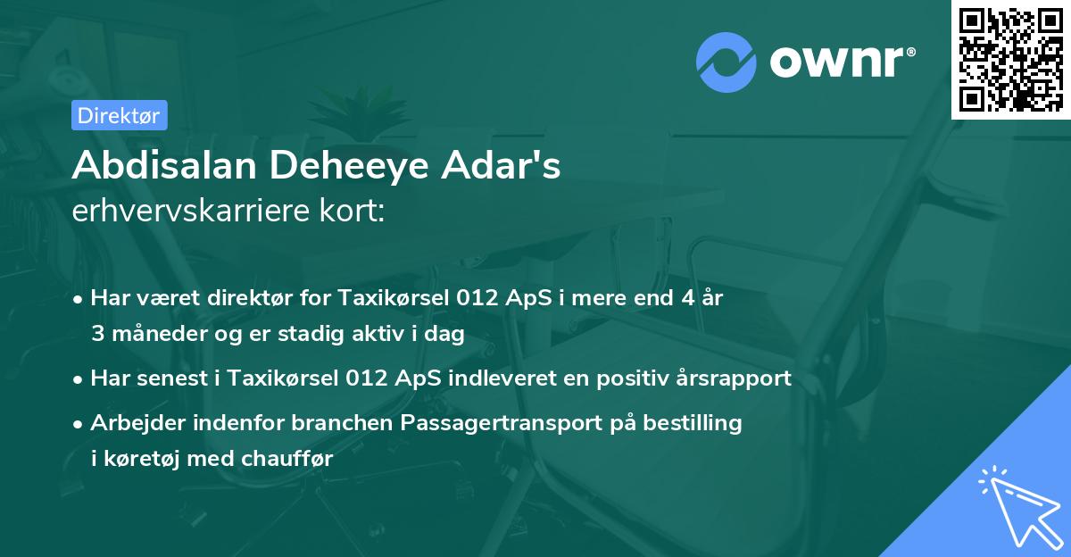 Abdisalan Deheeye Adar's erhvervskarriere kort