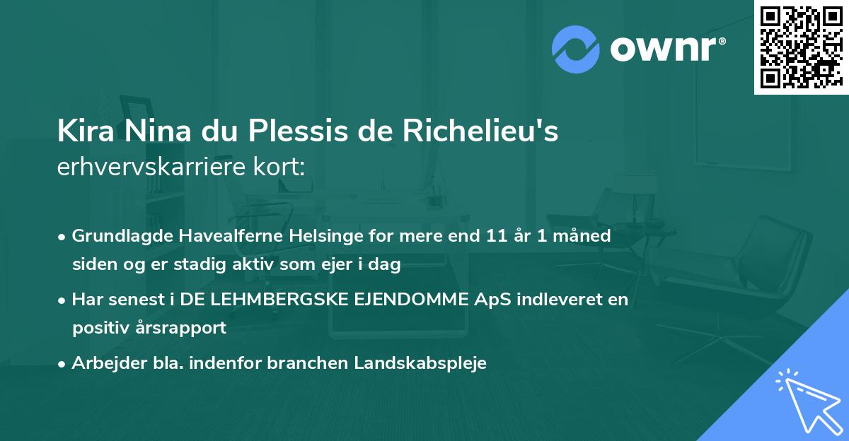 Kira Nina du Plessis de Richelieu's erhvervskarriere kort
