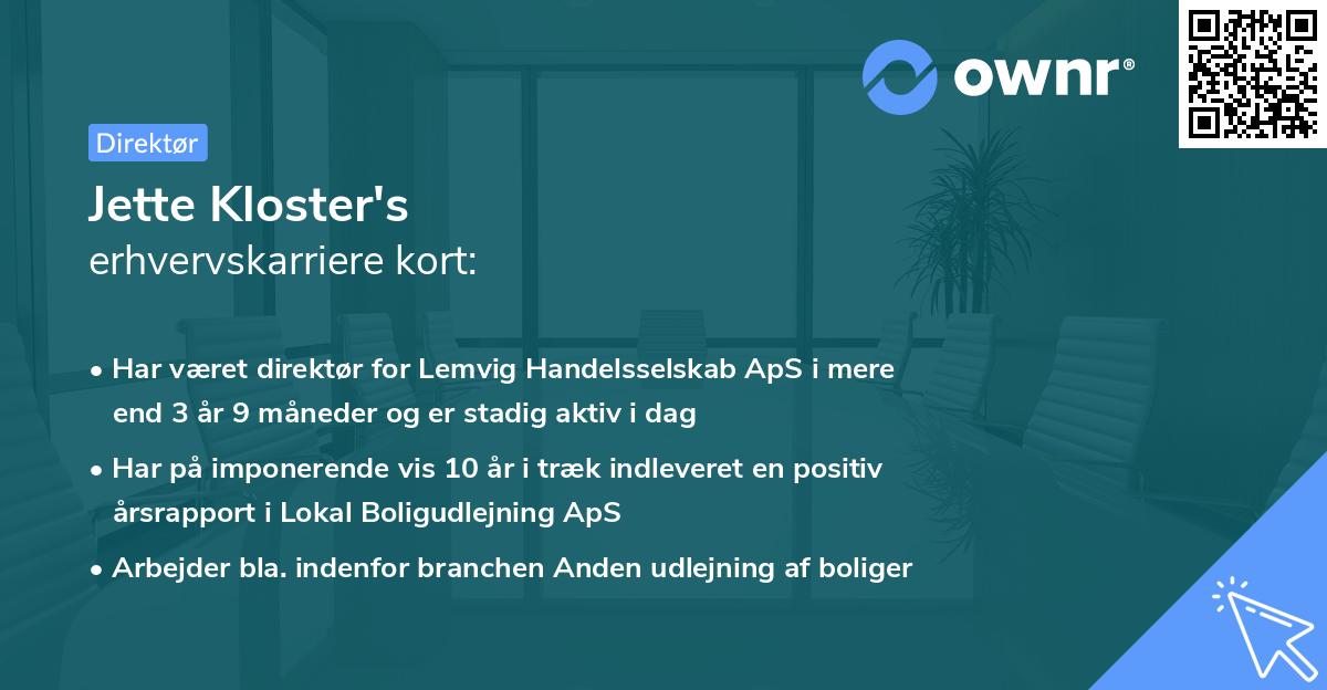 Jette Kloster's erhvervskarriere kort