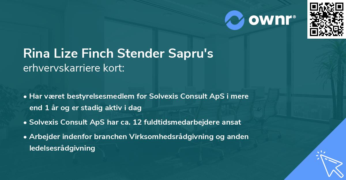 Rina Lize Finch Stender Sapru's erhvervskarriere kort