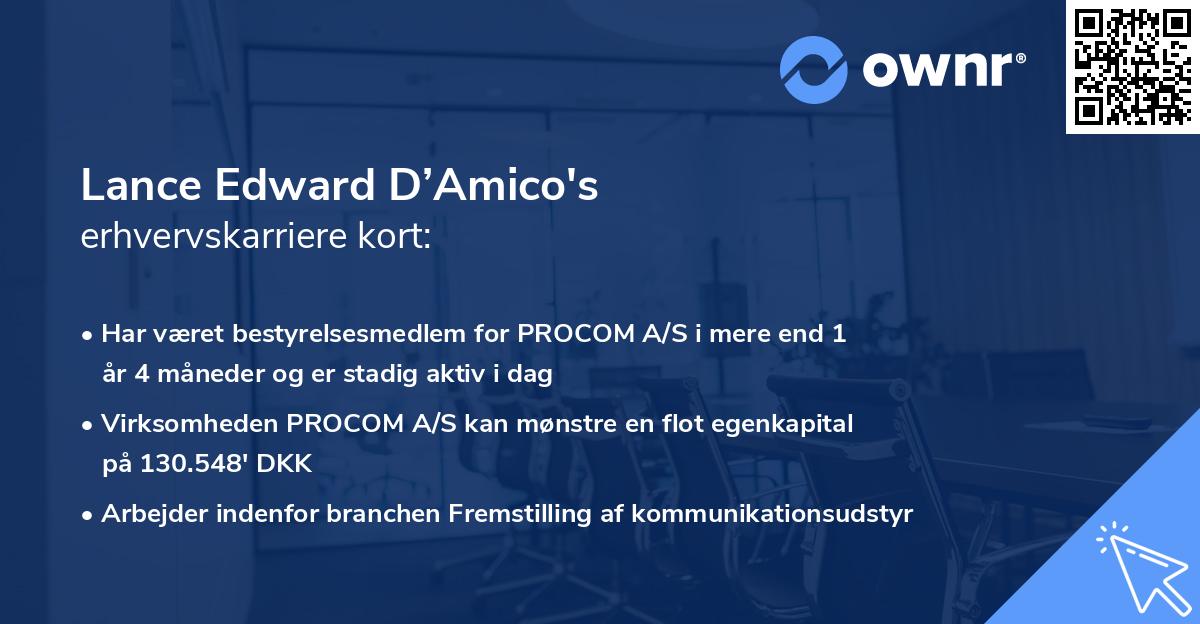 Lance Edward D’Amico's erhvervskarriere kort