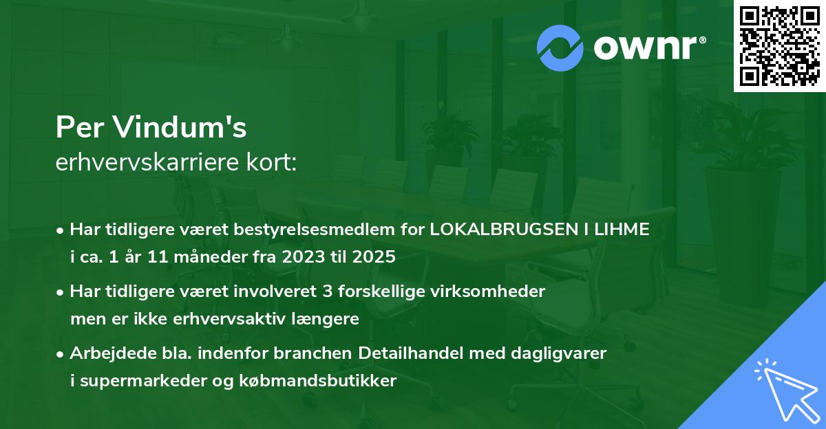 Per Vindum's erhvervskarriere kort