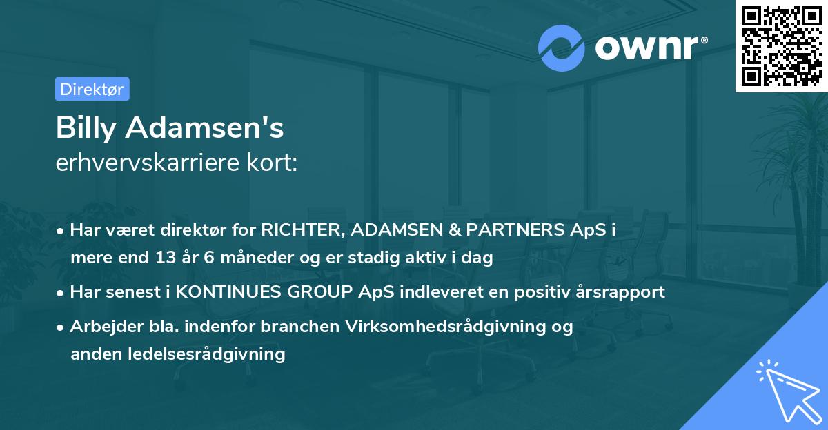 Billy Adamsen's erhvervskarriere kort