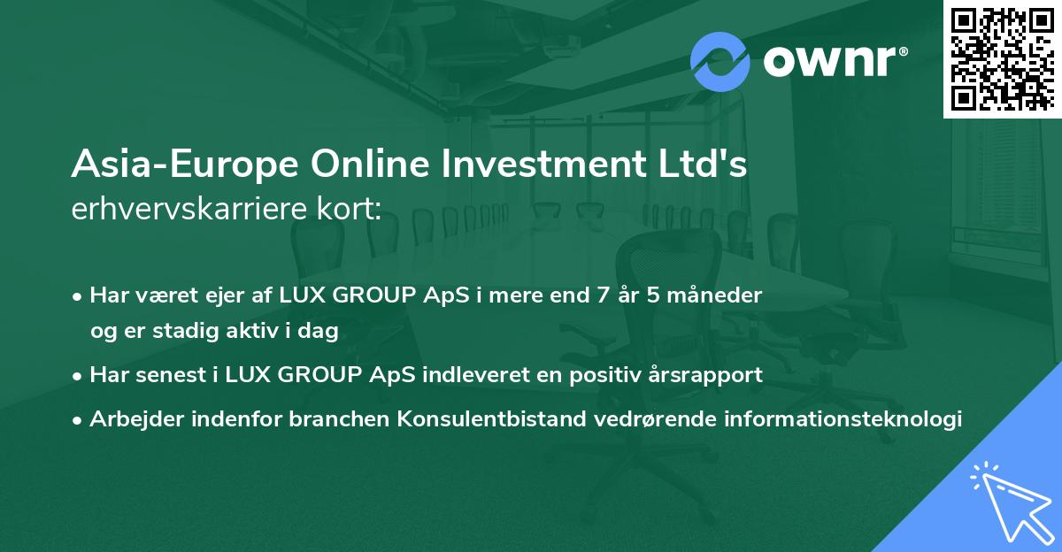 Asia-Europe Online Investment Ltd's erhvervskarriere kort