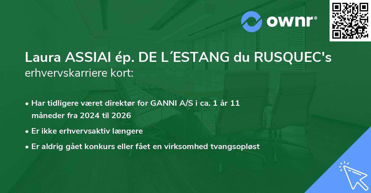 Laura ASSIAI ép. DE L´ESTANG du RUSQUEC's erhvervskarriere kort