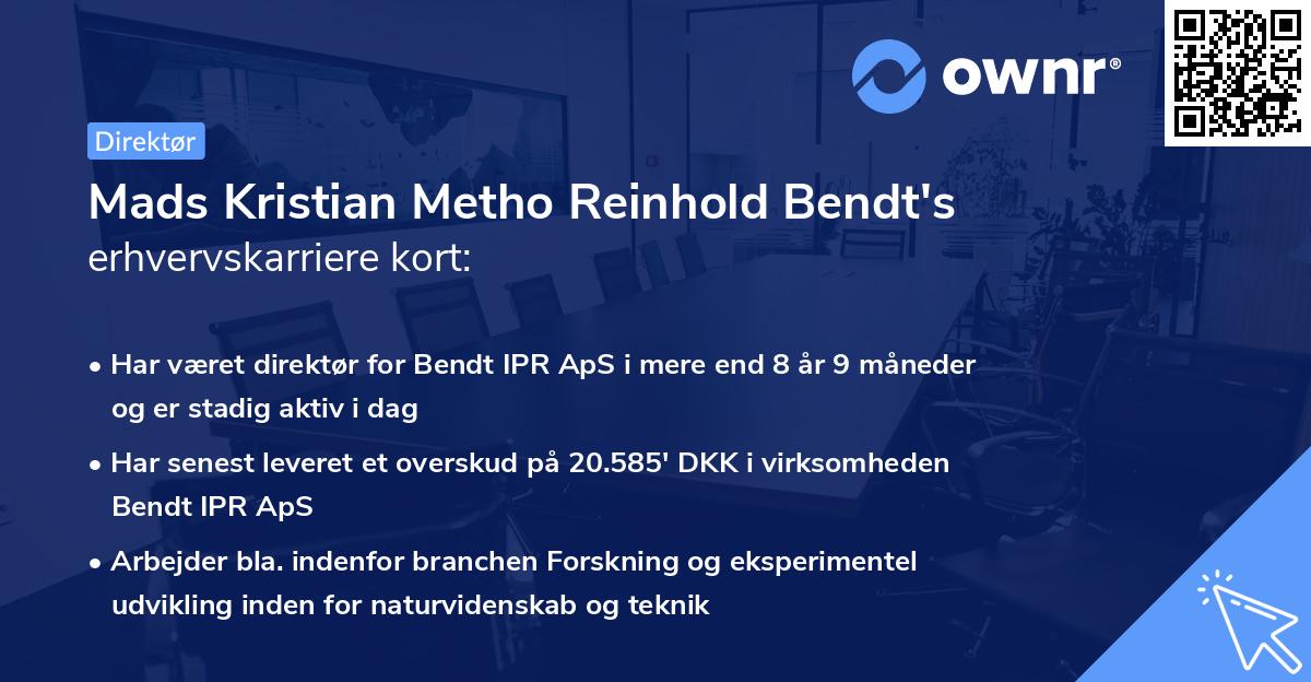 Mads Kristian Metho Reinhold Bendt's erhvervskarriere kort