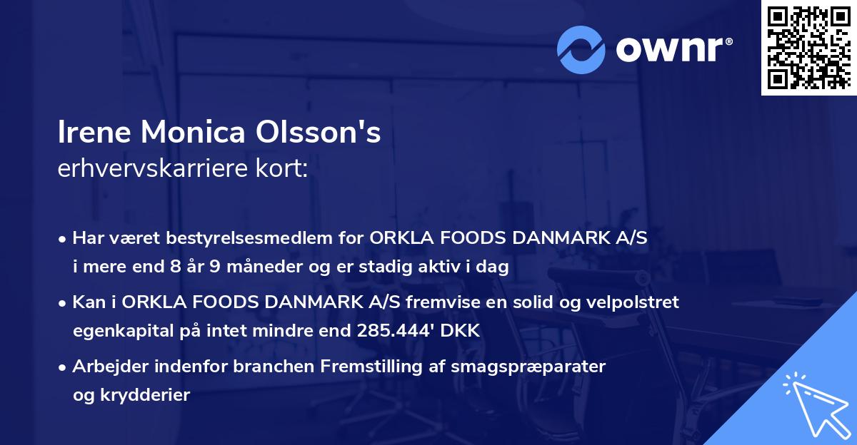 Irene Monica Olsson's erhvervskarriere kort