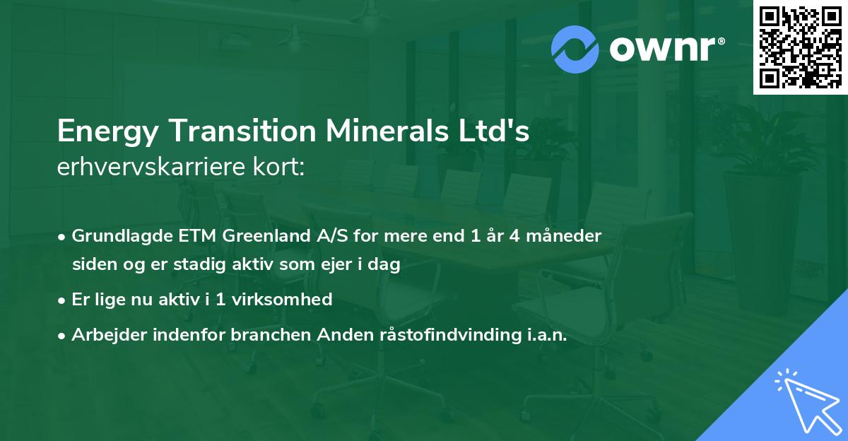 Energy Transition Minerals Ltd's erhvervskarriere kort