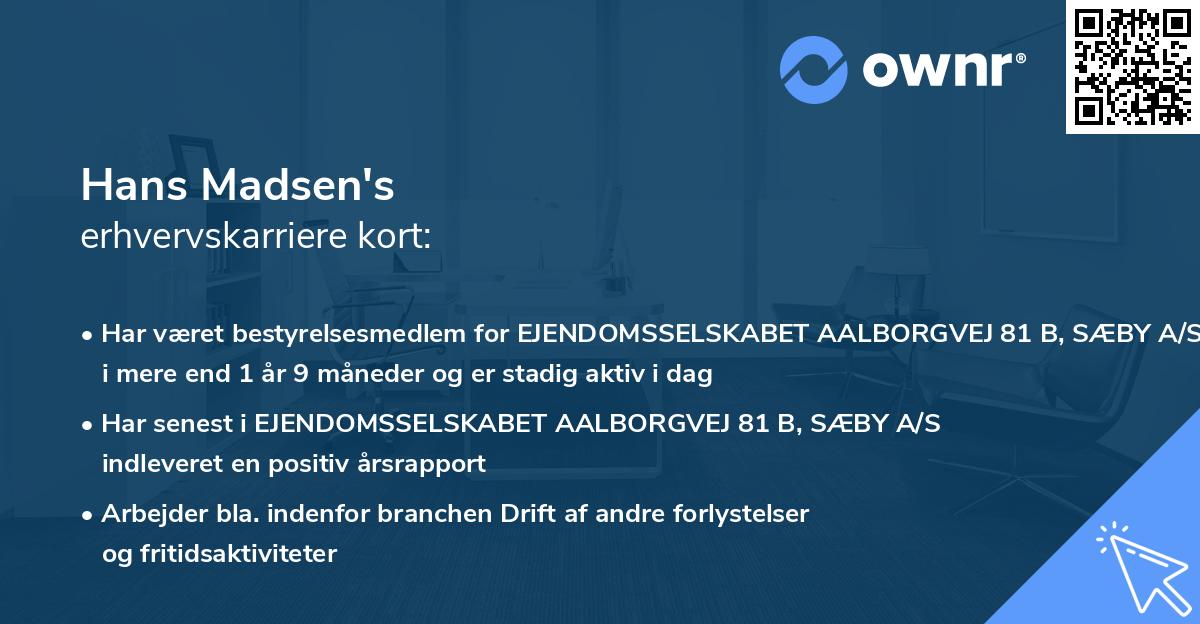 Hans Madsen's erhvervskarriere kort