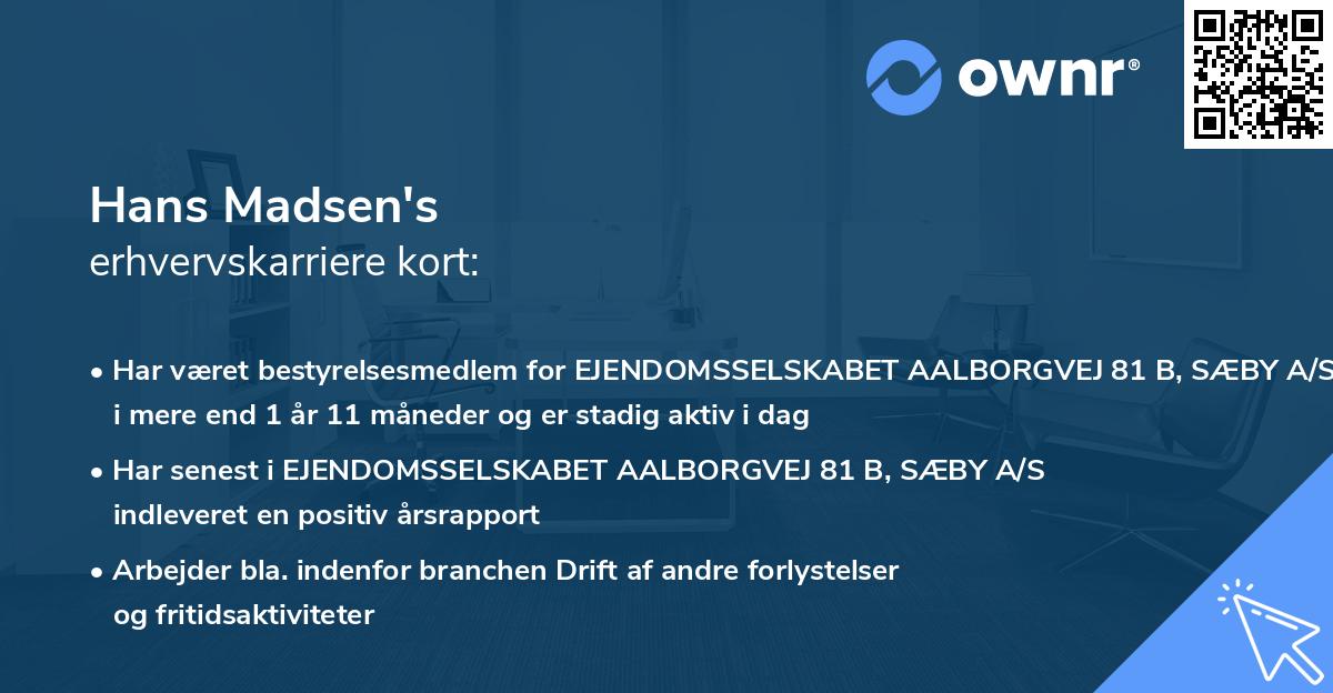 Hans Madsen's erhvervskarriere kort