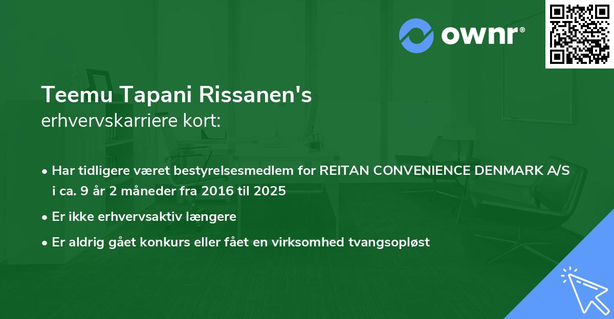 Teemu Tapani Rissanen's erhvervskarriere kort