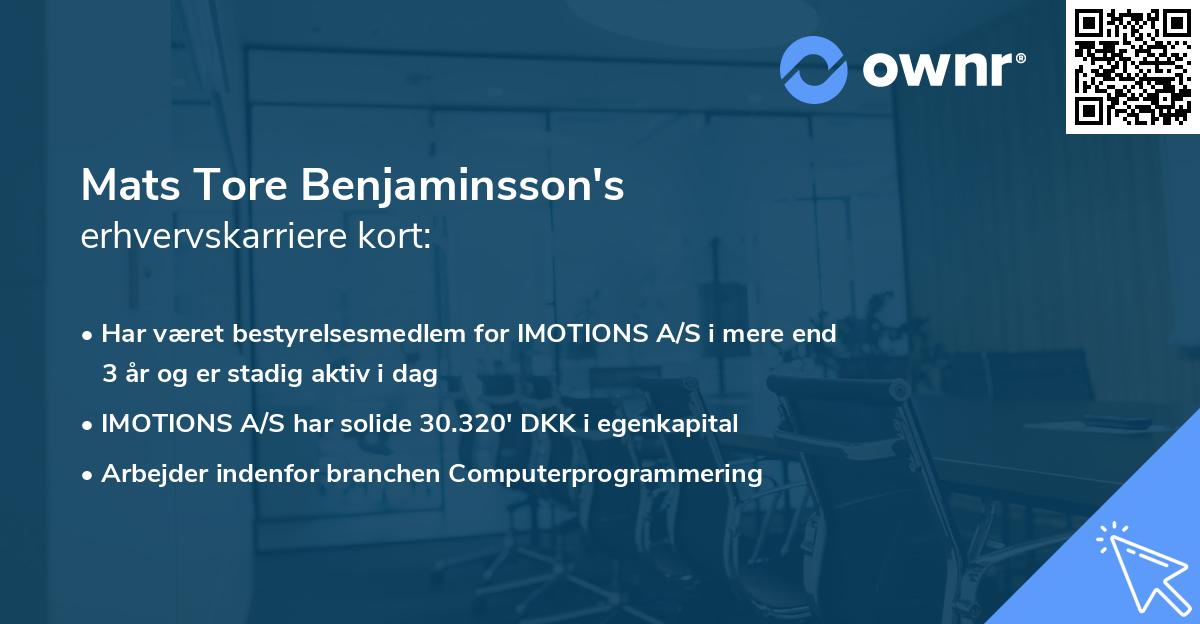 Mats Tore Benjaminsson's erhvervskarriere kort