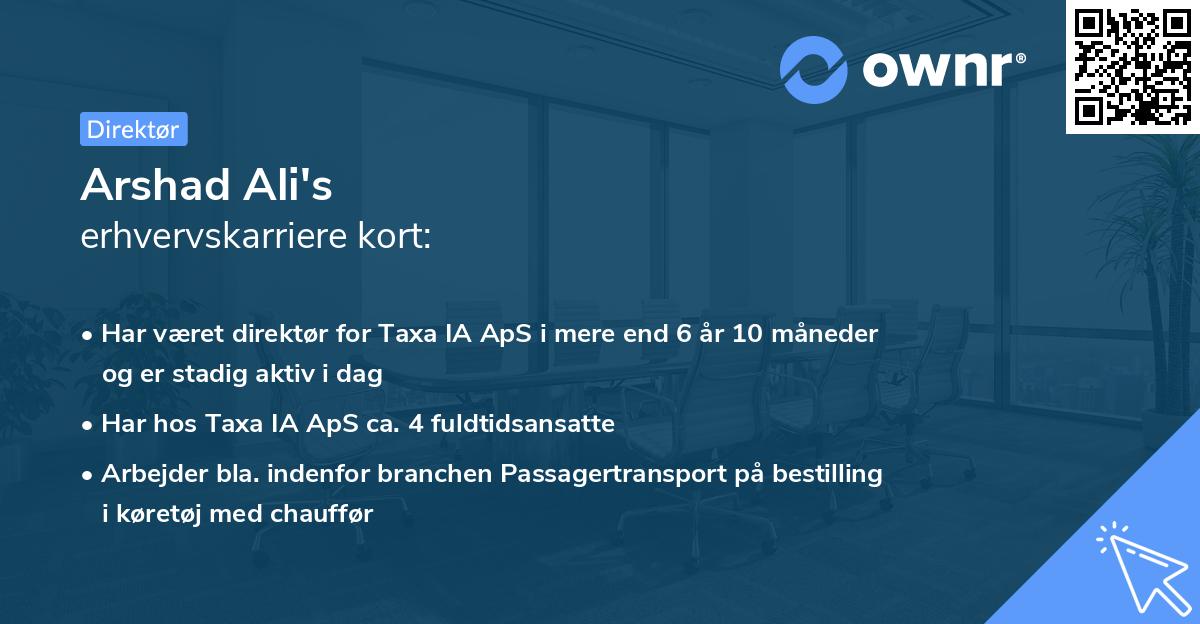 Arshad Ali's erhvervskarriere kort