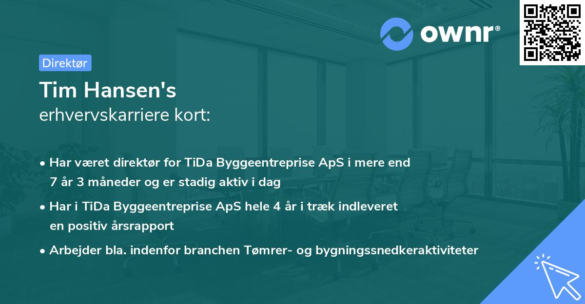 Tim Hansen's erhvervskarriere kort