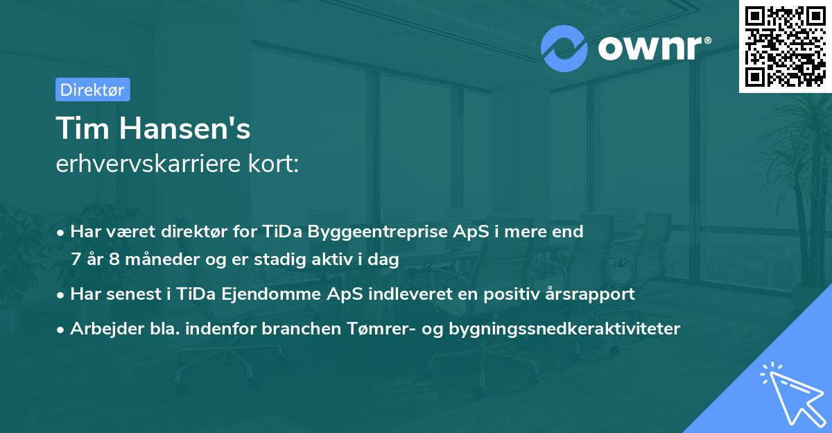 Tim Hansen's erhvervskarriere kort