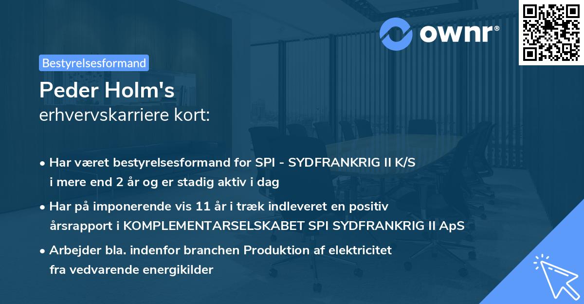 Peder Holm's erhvervskarriere kort
