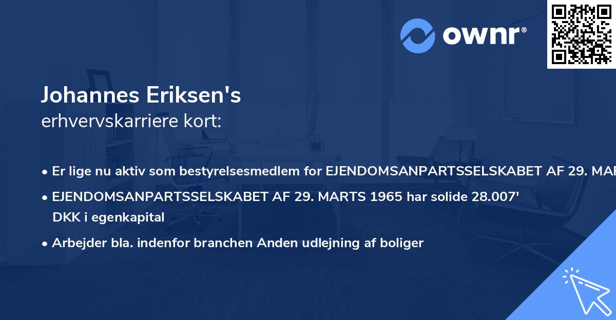Johannes Eriksen's erhvervskarriere kort