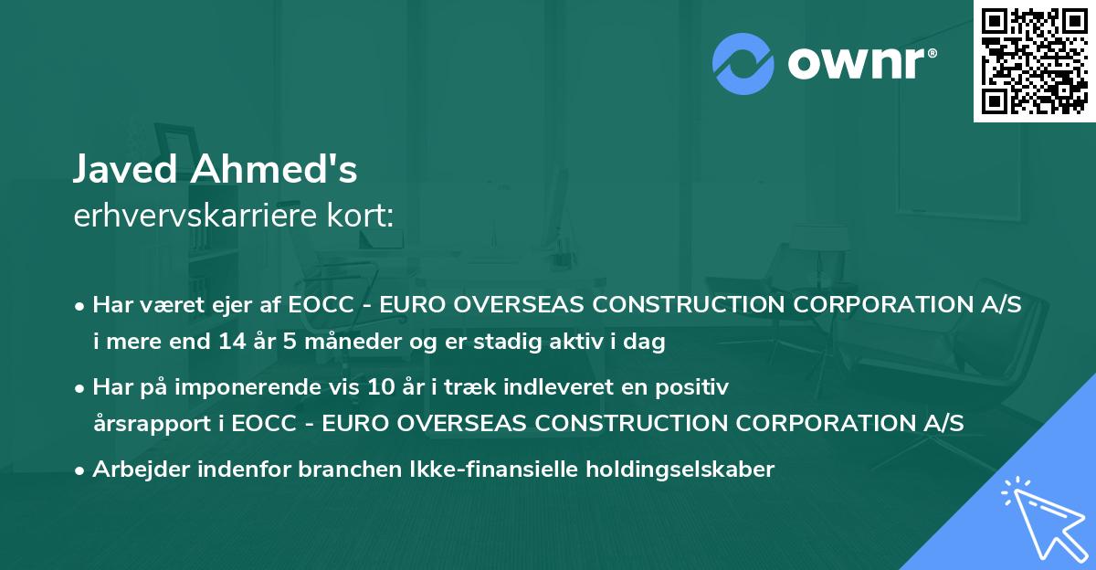 Javed Ahmed's erhvervskarriere kort