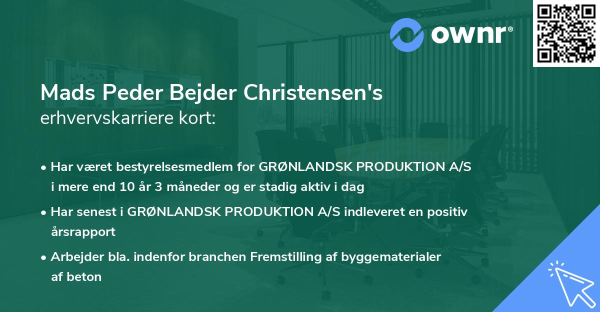 Mads Peder Bejder Christensen's erhvervskarriere kort