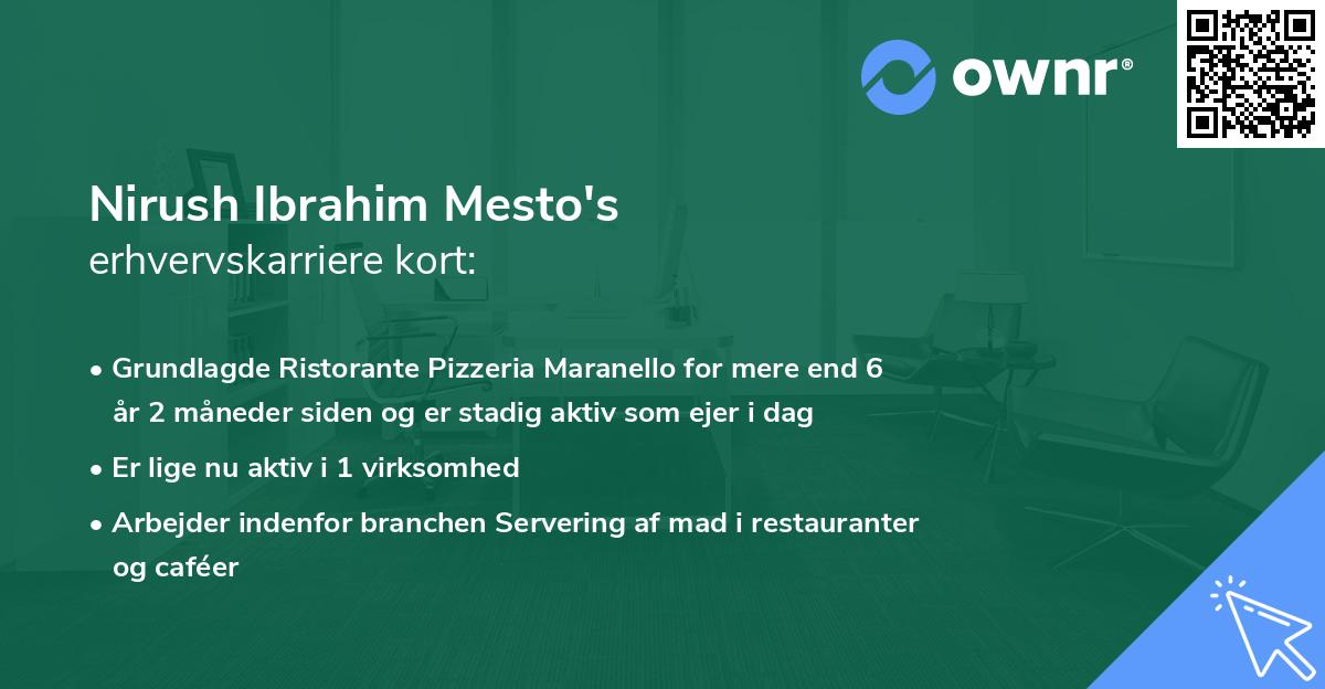 Nirush Ibrahim Mesto's erhvervskarriere kort