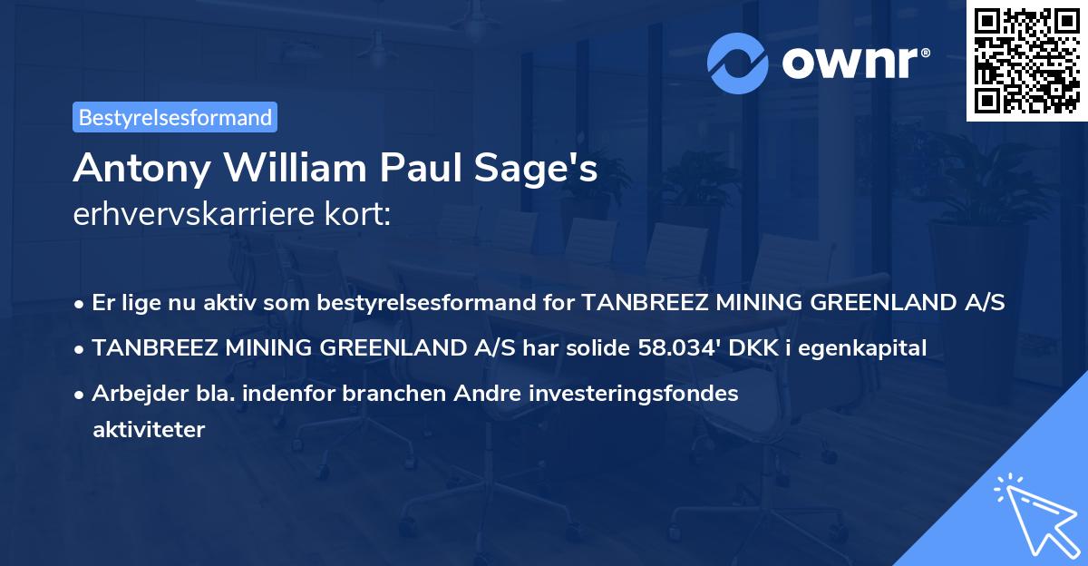 Antony William Paul Sage's erhvervskarriere kort