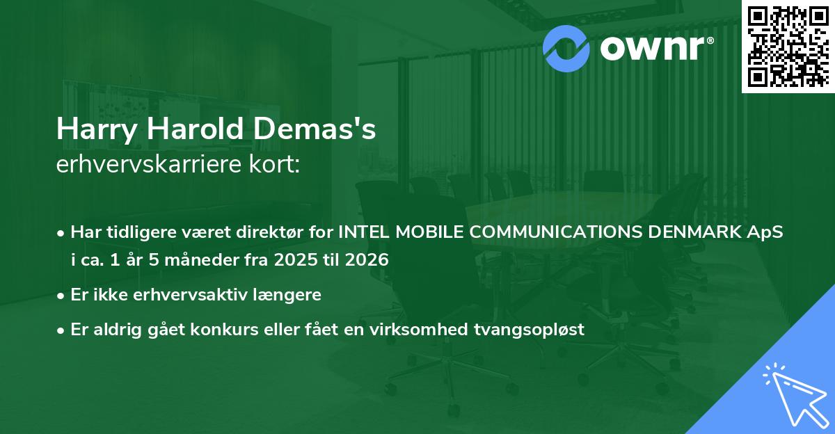 Harry Harold Demas's erhvervskarriere kort