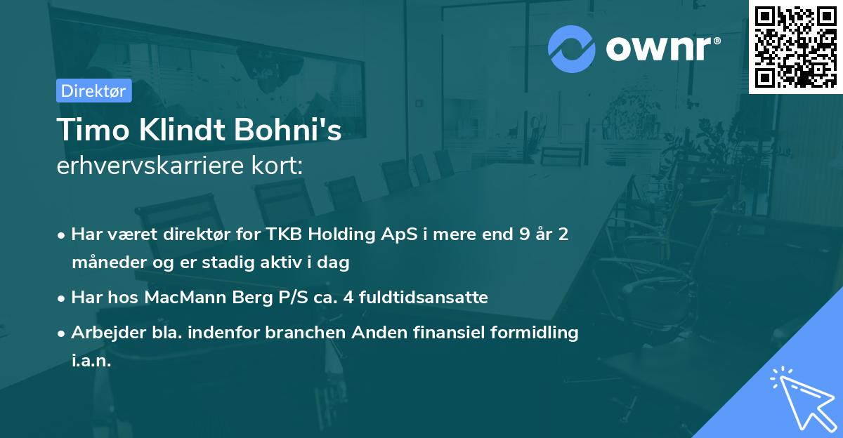 Timo Klindt Bohni's erhvervskarriere kort