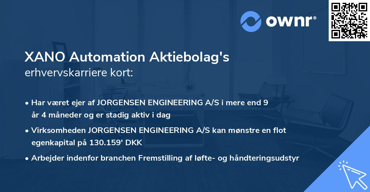XANO Automation Aktiebolag's erhvervskarriere kort