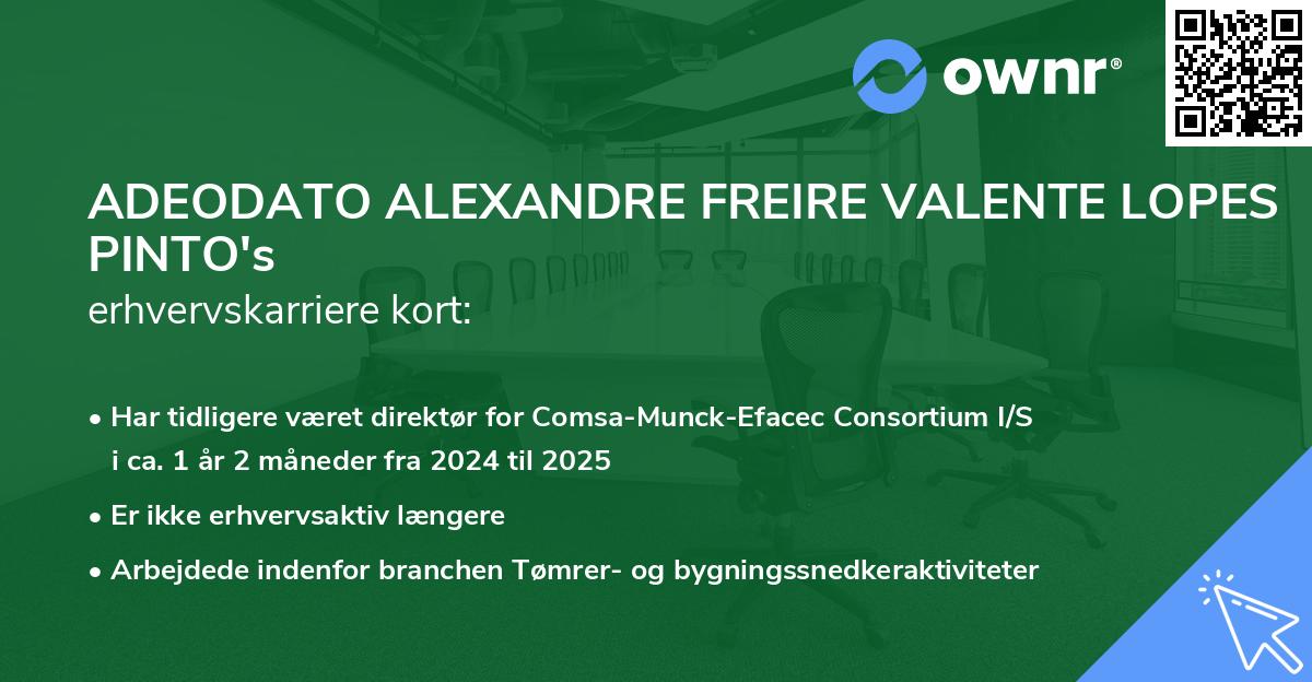 ADEODATO ALEXANDRE FREIRE VALENTE LOPES PINTO's erhvervskarriere kort