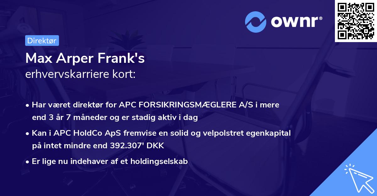 Max Arper Frank's erhvervskarriere kort