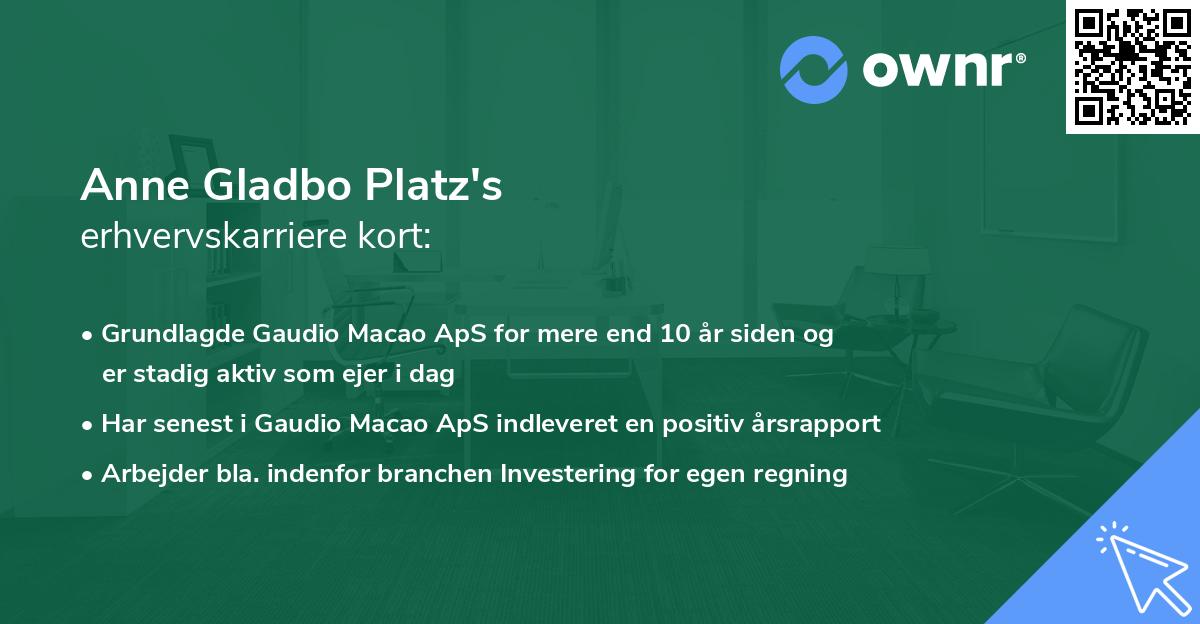 Anne Gladbo Platz's erhvervskarriere kort