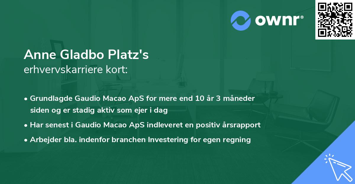 Anne Gladbo Platz's erhvervskarriere kort