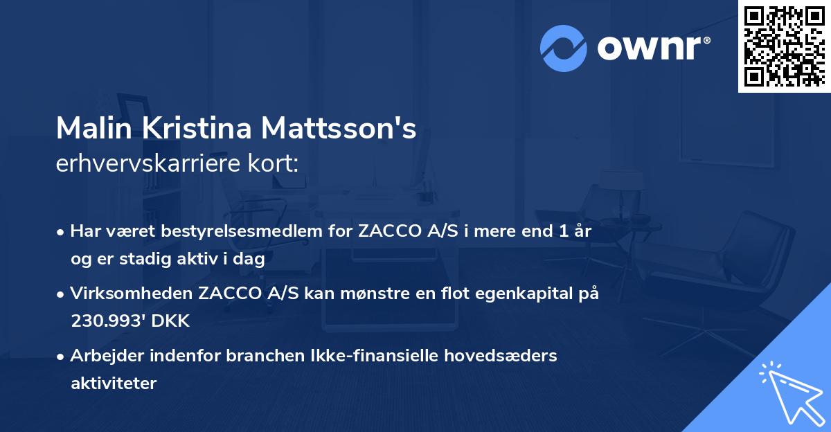 Malin Kristina Mattsson's erhvervskarriere kort