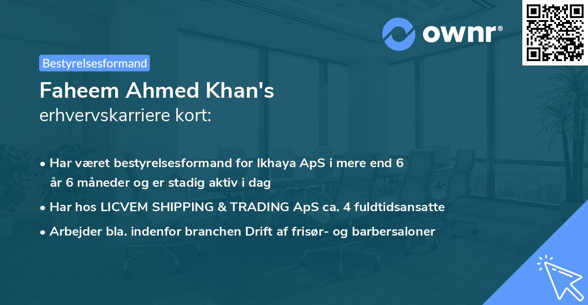 Faheem Ahmed Khan's erhvervskarriere kort