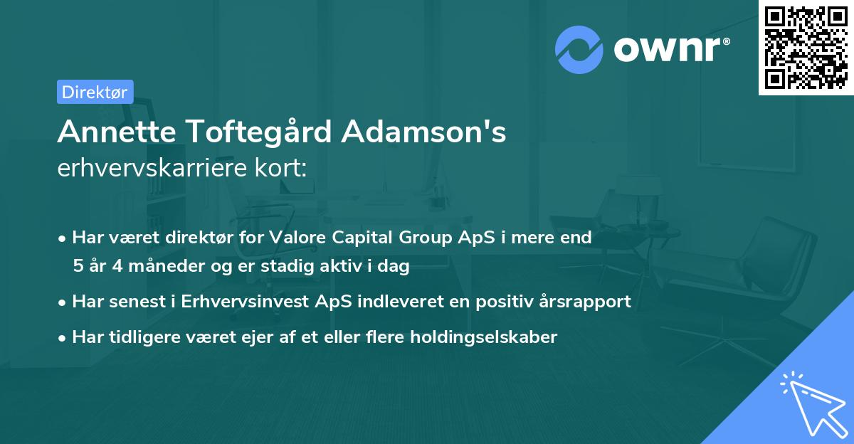 Annette Toftegård Adamson's erhvervskarriere kort