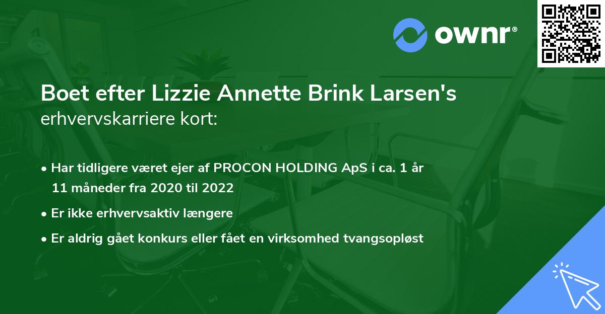 Boet efter Lizzie Annette Brink Larsen's erhvervskarriere kort