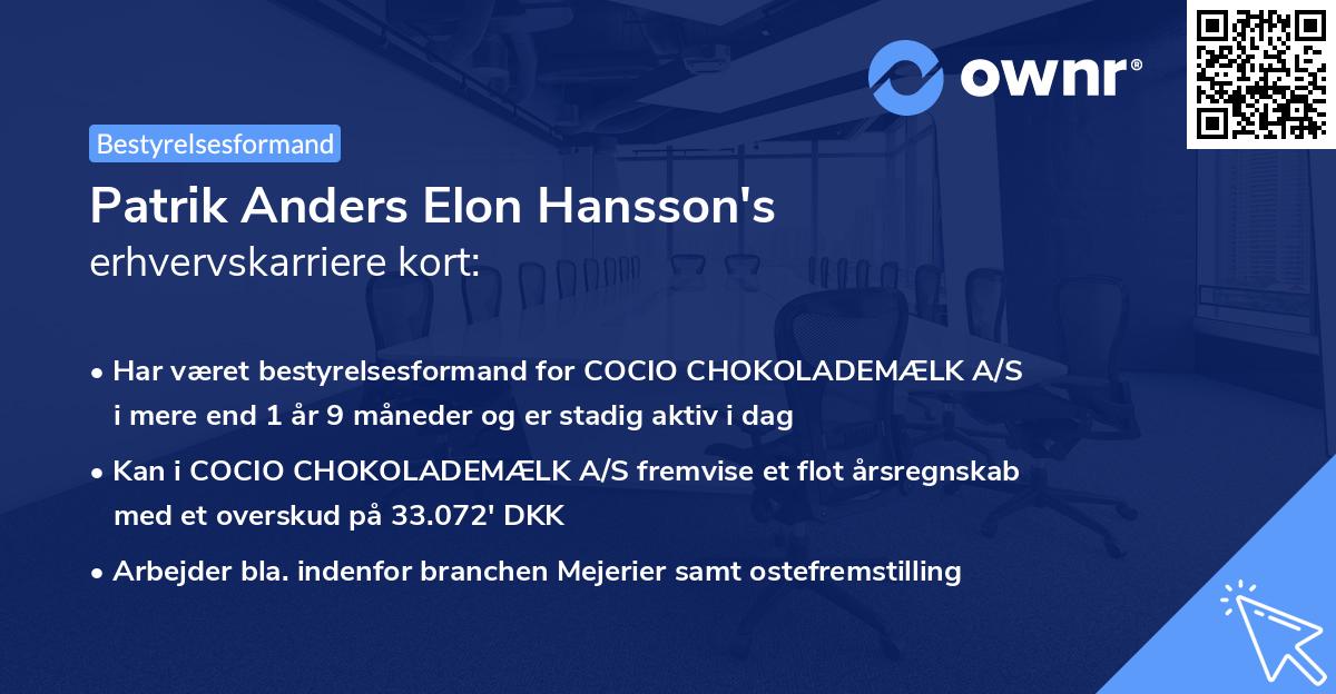 Patrik Anders Elon Hansson's erhvervskarriere kort