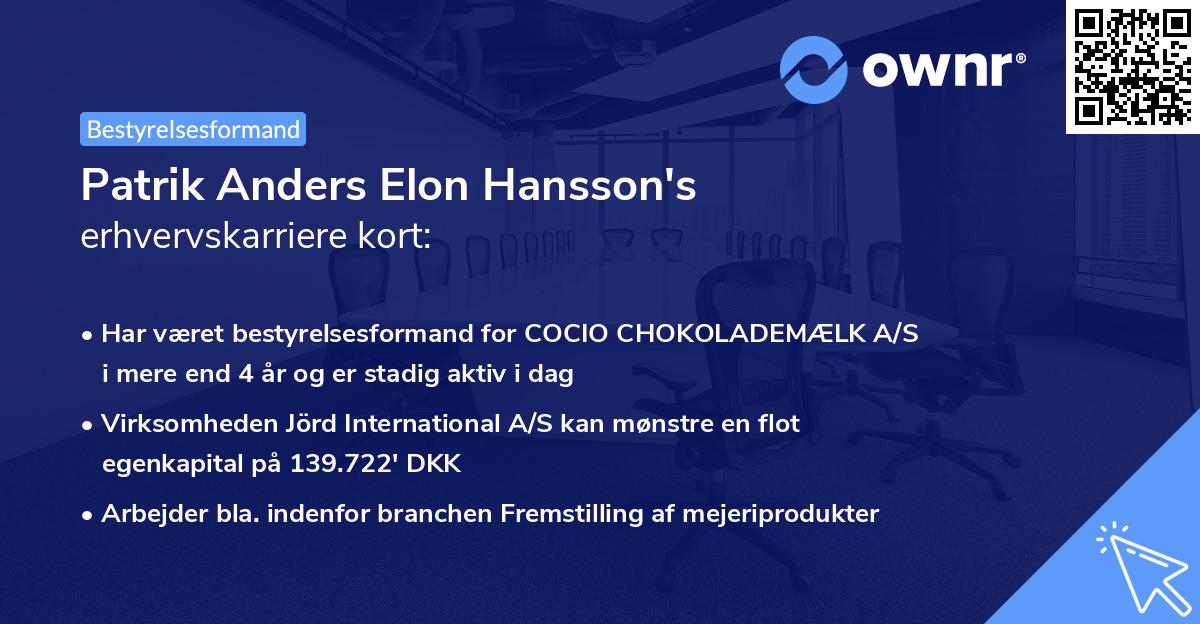 Patrik Anders Elon Hansson's erhvervskarriere kort