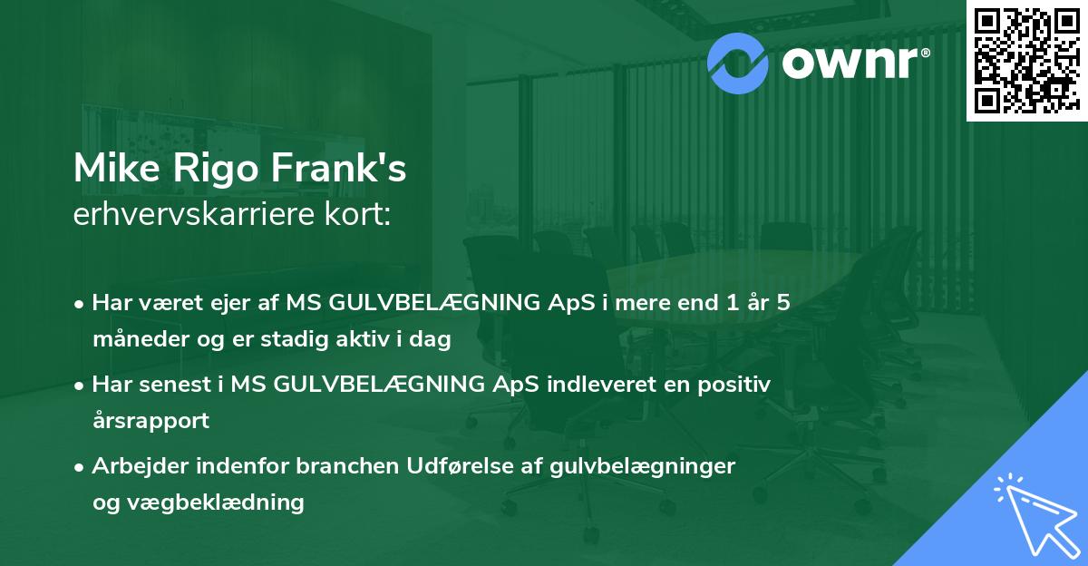 Mike Rigo Frank's erhvervskarriere kort